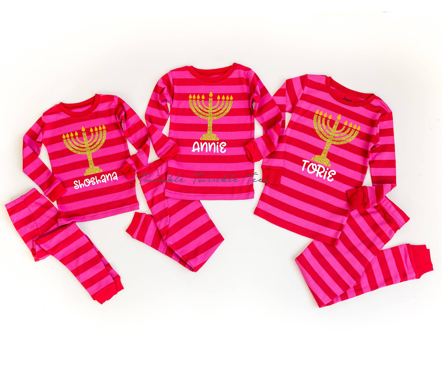 Menorah Pink and Red Stripe Family Chanukah Pajamas, hanukkah family pajamas - girl's hanukkah jammies - matching family chanukah pjs