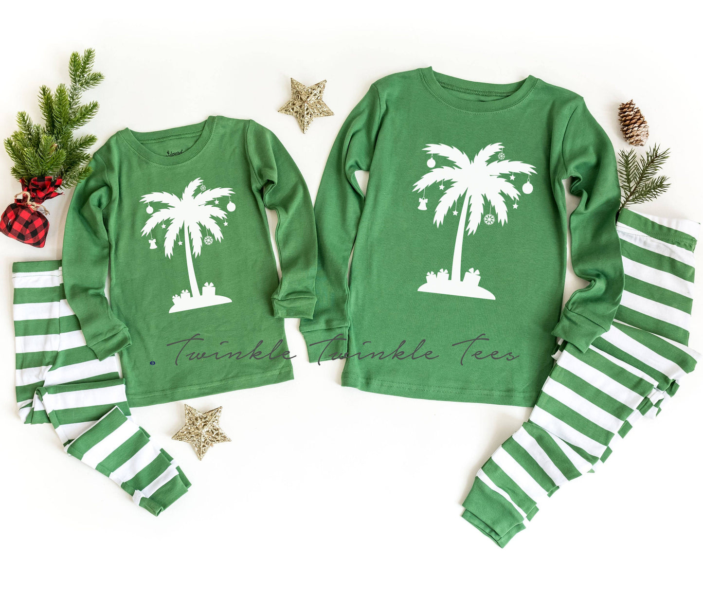 Green or Red Striped Christmas Palm Tree Pajamas - Tropical Christmas Pajamas - Beach Christmas
