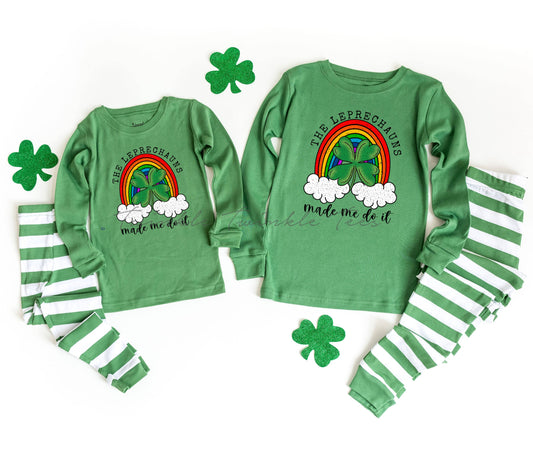 The Leprechauns Made Me Do It Green Top Striped St Patricks Day Pajamas, st pattys pajamas for the family, matching saint patrick's day pjs