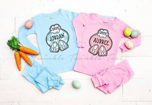 Bunny Butt Solid Pink or Blue Personalized Easter Pajamas, easter pajamas for the family, matching easter pajamas