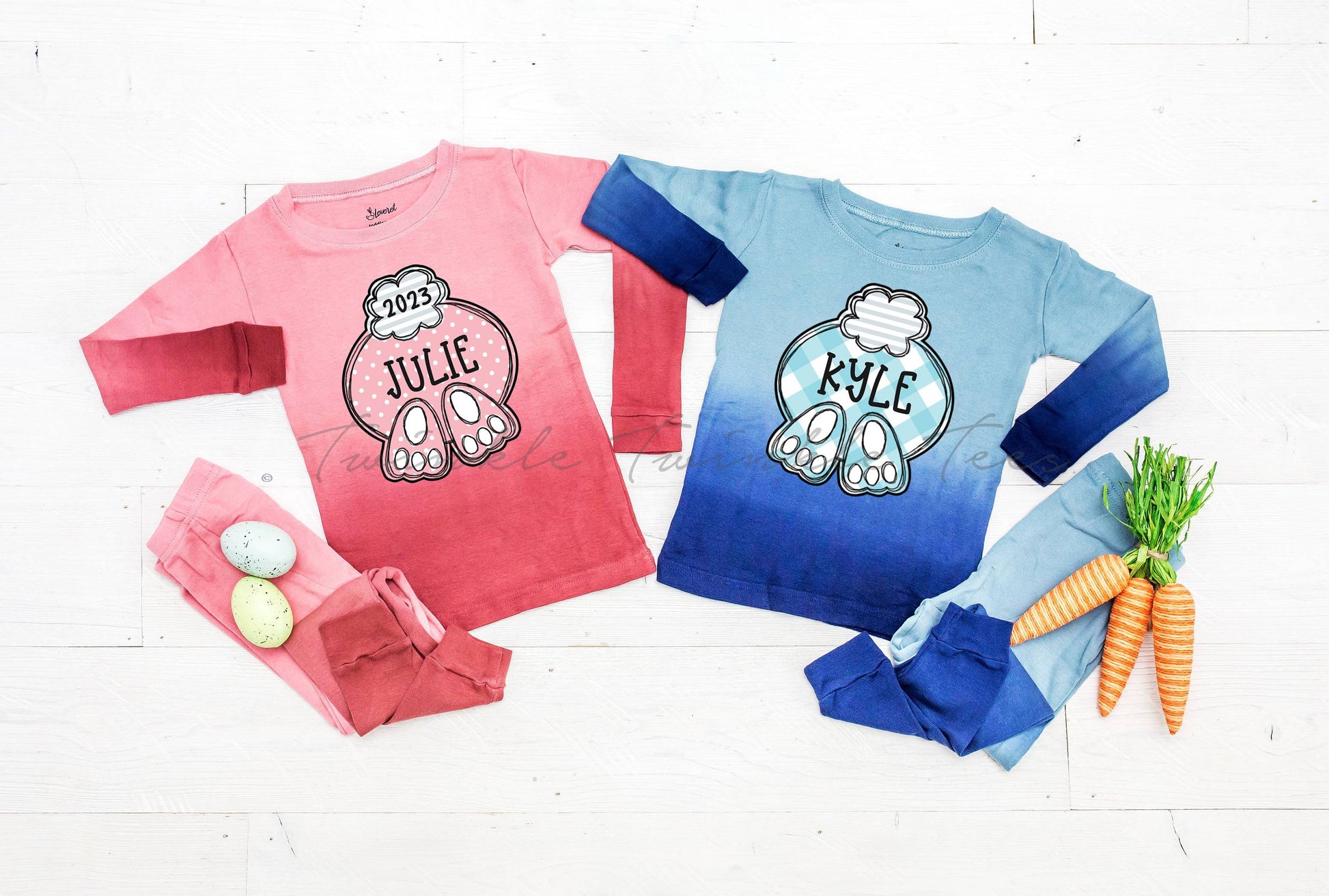 Bunny Butt Personalized Pink and Blue Ombre Pajamas, easter pajamas for the family, matching easter pajamas