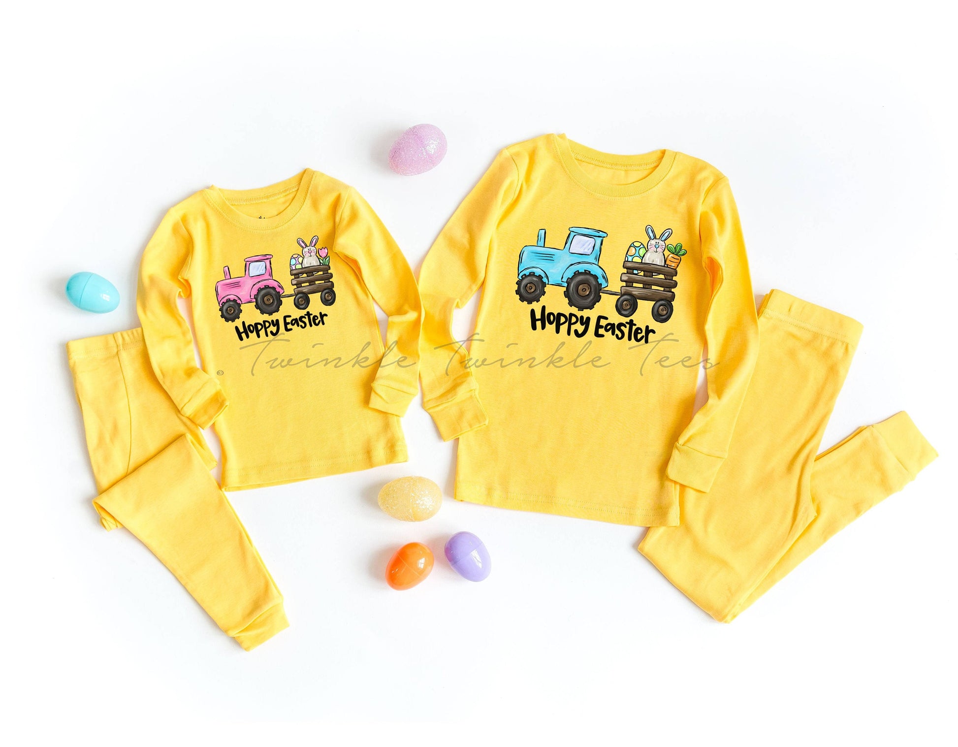 Hoppy Easter Tractor Solid Yellow Pajamas, easter pajamas for the family, matching easter pajamas