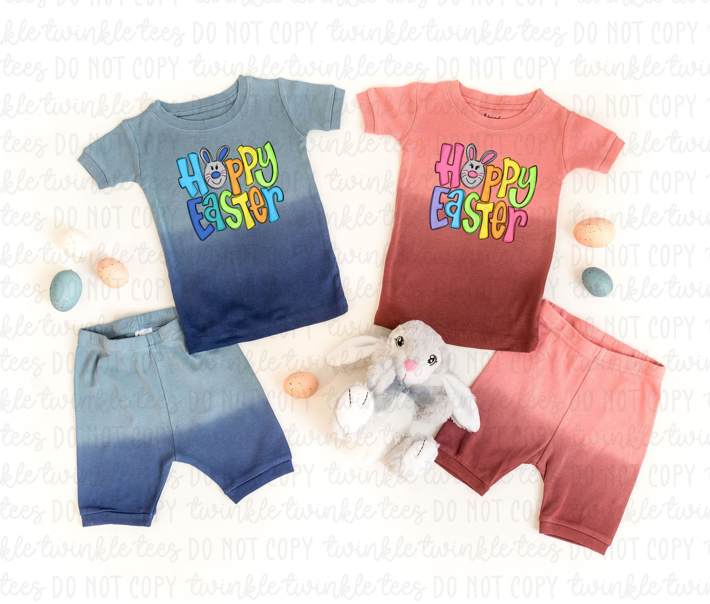Happy Easter Pink and Blue Ombre Shorts Pajamas, tie dye easter pajamas