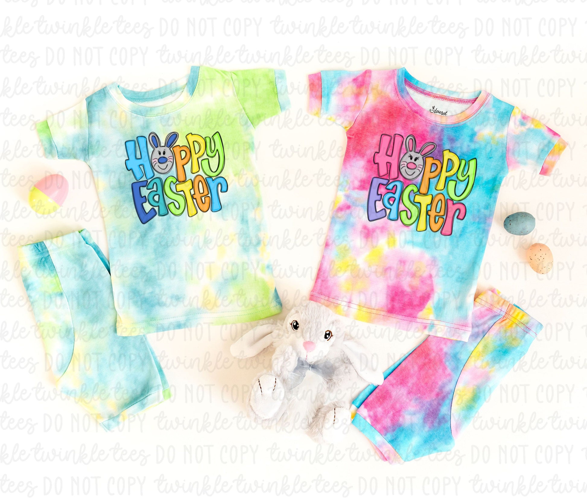 Happy Easter Pink and Blue Tie Dye Mix Shorts Pajamas, tie dye easter pajamas