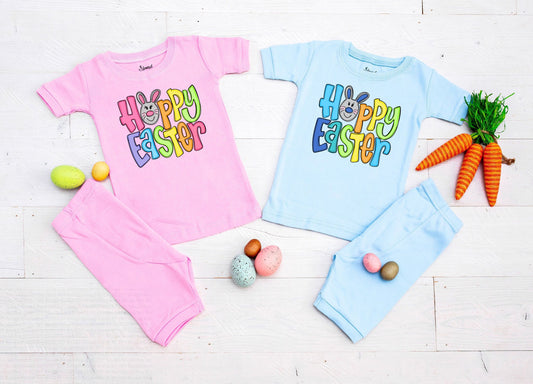 Happy Easter Pink or Blue Shorts Easter Pajamas - toddler easter pjs - boys easter pjs - girls easter pajamas