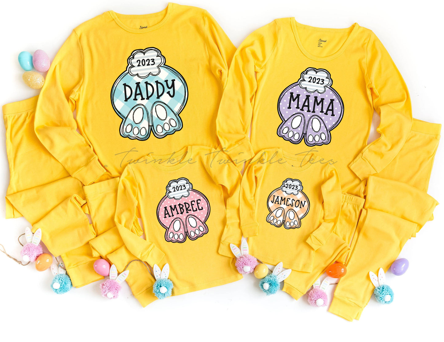 Bunny Butt Personalized Solid Yellow Pajamas, easter pajamas for the family, matching easter pajamas