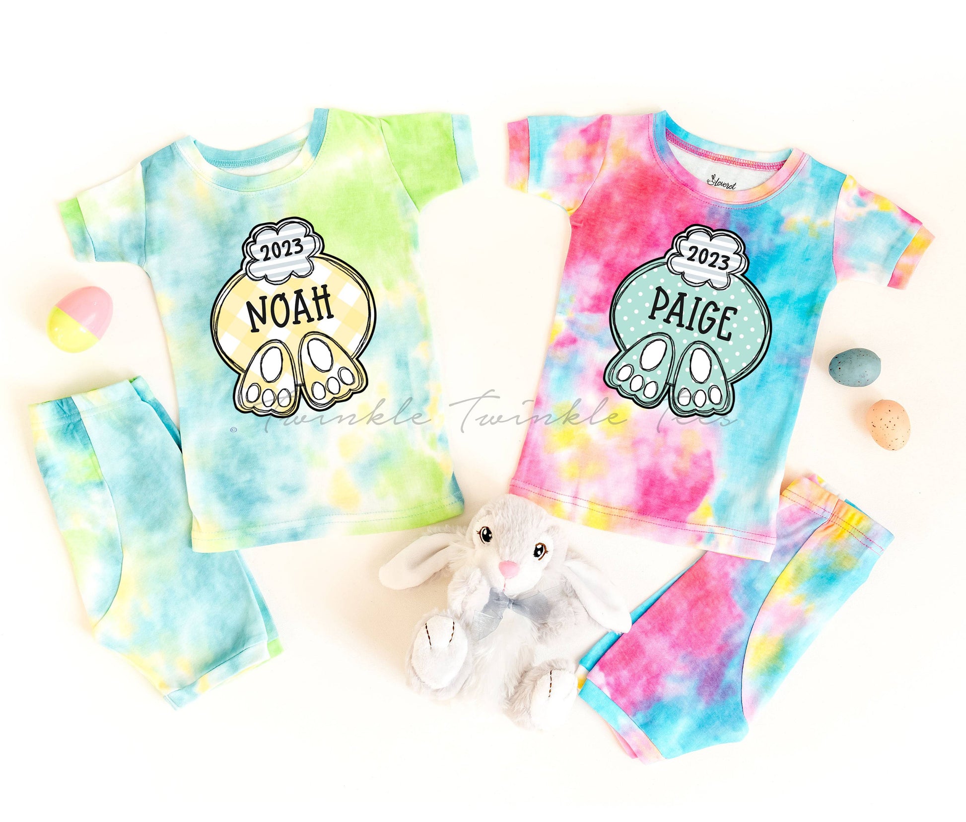 Bunny Butts Personalized Pink and Blue Tie Dye Mix Shorts Pajamas, tie dye easter pajamas