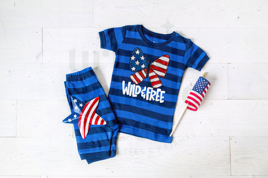 Wild and Free Butterfly Blue Striped Shorts Set for Kids - Kids 4th of July Set - 4th of July Toddler Shirt and Shorts