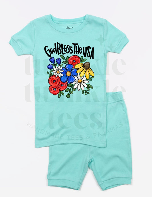 God Bless the USA Wildflowers Aqua Solid Shorts Set for Kids - Kids 4th of July Set - 4th of July Toddler Shirt and Shorts