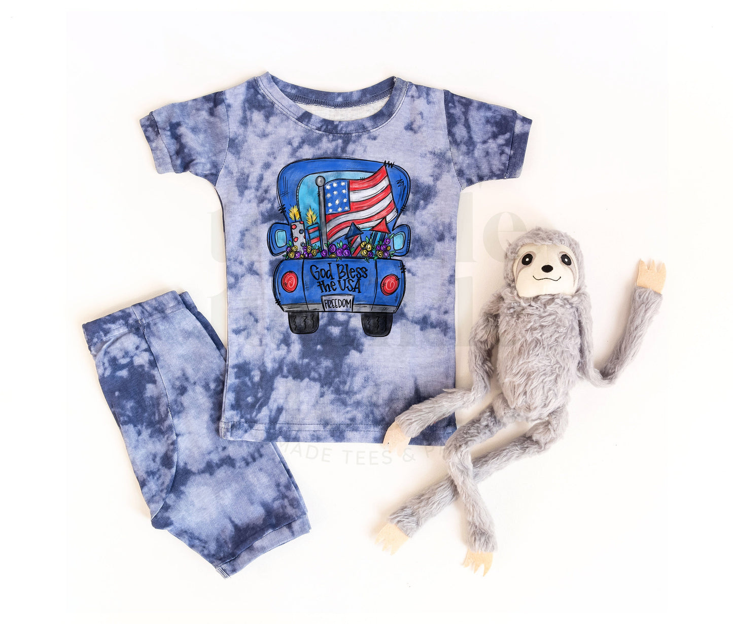 Patriotic Truck Tie Dye Navy Mix Shorts Set for Kids - Kids 4th of July Set - 4th of July Toddler Shirt and Shorts