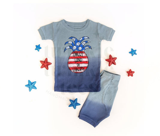 Pineapple Sweet Land of Liberty Blue Ombre Shorts Set for Kids - Kids 4th of July Set - 4th of July Toddler Shirt and Shorts