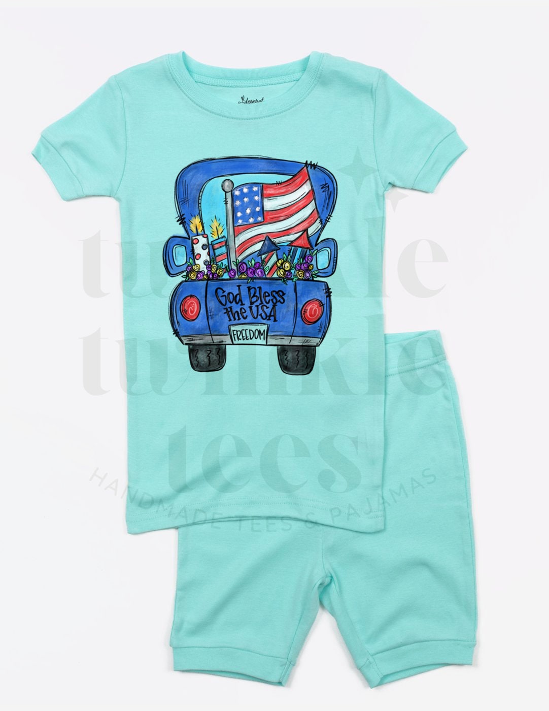 Patriotic Truck Aqua Solid Shorts Set for Kids - Kids 4th of July Set - 4th of July Toddler Shirt and Shorts